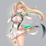  1girl bangs bare_shoulders blonde_hair blush breasts chest_jewel cleavage cleavage_cutout closed_mouth dress elbow_gloves faulds gem gloves grey_background hands_on_own_chest headpiece hikari_(xenoblade_2) hinot large_breasts long_hair looking_at_viewer short_dress shoulder_armor smile solo swept_bangs thigh_strap thighs tiara white_dress white_gloves wind wind_lift xenoblade_(series) xenoblade_2 yellow_eyes 