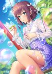  1girl :o bangs blue_sky blurry blurry_background blurry_foreground breasts brown_hair bubble center_frills cloud commentary_request daidai_jamu day depth_of_field dress_shirt dutch_angle eyebrows_visible_through_hair feet_out_of_frame frills green_eyes hair_ribbon highres holding long_sleeves medium_breasts original outdoors parted_lips plaid plaid_skirt pleated_skirt purple_skirt ribbon see-through see-through_sleeves shirt sitting skirt sky solo swing two_side_up white_ribbon white_shirt 