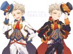  2boys alvin_granford cape cravat earrings formal hat jewelry light_brown_hair looking_at_viewer male_focus multiple_boys one_eye_closed panunpa pop-up_story spiked_hair top_hat white_background yellow_eyes 