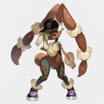  animal_ears baseball_cap black_headwear black_sclera bunny_ears bunny_tail closed_mouth clothed_pokemon commentary_request full_body furry gen_4_pokemon grey_background hand_up happy hat jpeg_artifacts looking_at_viewer lopunny mega_lopunny mega_pokemon newo_(shinra-p) no_humans pink_eyes pokemon pokemon_(creature) purple_footwear shoes simple_background smile solo standing tail 