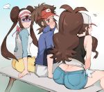  ... 1boy 2girls ^_^ anger_vein ass bench blush caught closed_eyes denim denim_shorts double_bun empty_eyes english_commentary hair_bun half-closed_eyes hetero highres kenshin187 kyouhei_(pokemon) mei_(pokemon) multiple_girls netorare open_mouth panties panty_peek pantyhose pink_panties pokemon pokemon_(game) pokemon_bw pokemon_bw2 ponytail short_shorts shorts sitting smile staring sweatdrop thought_bubble touko_(pokemon) underwear vest visor whale_tail 