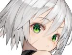  1girl :&lt; bangs bare_shoulders blush closed_mouth commentary_request eyebrows_visible_through_hair face facial_scar fate/apocrypha fate_(series) green_eyes grey_hair hair_between_eyes jack_the_ripper_(fate/apocrypha) looking_at_viewer nyatabe portrait scar scar_across_eye scar_on_cheek simple_background solo white_background 