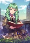  1girl artist_name bird book bow cloud dress drill_hair fire_emblem fire_emblem:_three_houses flayn_(fire_emblem) grass green_eyes green_hair hair_ornament hairclip iroha_(akei0710) long_hair sitting sky solo 