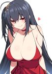  1girl ahoge azur_lane bangs bare_shoulders black_hair blush breasts choker cleavage cocktail_dress collarbone dress hair_between_eyes hair_ornament heart highres huge_breasts kurifuto licking_lips long_hair looking_at_viewer naughty_face red_choker red_dress red_eyes simple_background smile solo taihou_(azur_lane) taihou_(forbidden_feast)_(azur_lane) tongue tongue_out white_background 