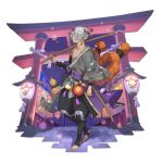  1boy dragalia_lost earrings full_body headwear holding holding_sword holding_weapon japanese_clothes jewelry kimono lamp looking_at_viewer official_art open_mouth saitou_naoki solo sword torii transparent_background weapon wooden_sword yaten_(dragalia_lost) 