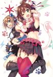  2girls :d ;d absurdres animal_ears asterisk_(idolmaster) bangs bare_shoulders black_footwear blush boots breasts cat_ear_headphones cat_ears cat_tail eyebrows_visible_through_hair garter_straps hands_up headphones highres idolmaster idolmaster_cinderella_girls knee_boots long_hair looking_at_viewer maekawa_miku medium_breasts midriff miniskirt multiple_girls one_eye_closed open_mouth paw_pose piromizu scan shiny shiny_hair short_hair simple_background skirt sleeveless smile tada_riina tail thighhighs tied_hair white_background 