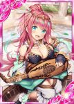  1girl :d akkijin aqua_eyes arabian_clothes armpits bare_shoulders breasts card_(medium) feathers hair_ornament harem_outfit harem_pants indoors instrument jewelry large_breasts long_hair looking_at_viewer lute_(instrument) official_art open_mouth pants pink_hair ponytail scheherazade_(shinkai_no_valkyrie) shinkai_no_valkyrie smile veil 