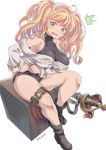  1girl ahoge belt blonde_hair blush boots breasts granblue_fantasy highres large_breasts monica_weisswind open_mouth scabbard sheath shorts simple_background sitting solo sword torn_clothes twitter_username vinhnyu wavy_hair weapon 