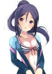  1girl :o absurdres bangs blue_hair blush breasts cleavage collarbone diving_suit eyebrows_visible_through_hair front-tie_bikini front-tie_top hair_between_eyes high_ponytail highres long_hair looking_at_viewer love_live! love_live!_sunshine!! matsuura_kanan medium_breasts navel open_mouth purple_eyes simple_background solo striped_bikini_top sunya_(honorin-yuunibo) unzipping upper_body water_drop wet wet_hair wetsuit white_background 