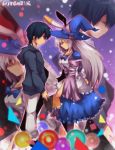  1boy 1girl animal_ears bangs black_eyes black_hair blue_hoodie blue_neckwear book bow bowtie bunny_ears circle closed_eyes commentary_request copyright_name dress fake_animal_ears grey_hair hat hat_bow holding holding_book hood hood_down hoodie irisu_kyouko irisu_shoukougun! juliet_sleeves long_hair long_sleeves looking_at_another maho_(boku_no_kao_wo_otabeyo) pants profile puffy_sleeves red_eyes shaded_face square triangle uujishima_(irisu) white_pants wide_sleeves witch_hat 