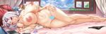  1girl areolae azur_lane bangs bikini bikini_removed black_bikini blush breasts censored cleavage closed_mouth collarbone commentary_request condom_wrapper dakimakura epaulettes eyebrows_visible_through_hair eyewear_on_head full_body hair_between_eyes hasaya heart heart-shaped_eyewear heart-shaped_pupils heart_censor highres huge_breasts indoors jacket long_sleeves looking_at_viewer lying military_jacket navel nipples nude on_bed on_side pillow purple_nails red_eyes short_hair short_twintails sirius_(azur_lane) sirius_(midsummer_seirios)_(azur_lane) smile solo sparkle sunglasses swimsuit symbol-shaped_pupils tablet_pc tongue tongue_out twintails wet white_hair white_jacket wide_hips window 