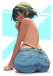  1girl ass back blush brazilian dark_skin denim g-string green_hair highleg highleg_panties idolmaster idolmaster_cinderella_girls jeans lips looking_at_viewer nail_polish natalia_(idolmaster) omaru_gyuunyuu panties pants purple_eyes short_hair sitting smile solo string_panties thong topless two-tone_background underwear whale_tail 