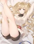  1girl ahoge bed bed_sheet blonde_hair breasts granblue_fantasy grey_eyes highres large_breasts legs_up looking_at_viewer lying monica_weisswind on_back on_bed rotmico shorts solo 