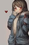  1other androgynous brown_hair chara_(undertale) commentary_request hood hoodie looking_at_viewer oshiruko_(tsume) red_eyes sans short_hair simple_background solo undertale 