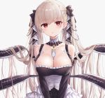  1girl absurdres azur_lane bangs between_breasts black_dress black_ribbon breasts cleavage collar collarbone dress earrings eyebrows_visible_through_hair flight_deck formidable_(azur_lane) frilled_dress frills hair_between_eyes hair_ornament hair_ribbon highres jewelry large_breasts long_hair long_sleeves looking_at_viewer multicolored open_mouth platinum_blonde_hair red_eyes ribbon simple_background solo twintails two-tone_dress two-tone_ribbon upper_body white_background zuima 