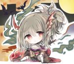  1girl :&lt; animal bangs bare_shoulders bat black_kimono blush chibi closed_mouth commentary_request cottontailtokki dragon_wings eyebrows_visible_through_hair grey_hair hair_between_eyes head_tilt head_wings japanese_clothes katana kimono knee_up kneehighs long_sleeves looking_at_viewer no_shoes off_shoulder ponytail red_eyes sarashi shadowverse shingeki_no_bahamut sitting solo sword weapon white_legwear white_wings wide_sleeves wings yuzuki_righteous_demon 