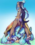  1girl aqua_hair armband armlet ass belly_chain black_hair blue_background blue_eyes breasts commentary dark_skin drednaw english_commentary eyeliner eyeshadow eymbee flat_ass forehead from_behind full_body gen_8_pokemon gradient gradient_background gym_leader hair_bun highres holding holding_poke_ball jewelry kneepits lips long_legs looking_back makeup multicolored_hair nose plantar_flexion poke_ball pokemon pokemon_(creature) pokemon_(game) pokemon_swsh rurina_(pokemon) sandals shorts small_breasts sobble streaked_hair swimsuit tankini 