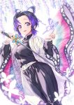  1girl bangs belt black_hair blush breasts bug butterfly butterfly_hair_ornament commentary_request eyebrows_visible_through_hair hair_ornament haori hhama highres insect japanese_clothes katana kimetsu_no_yaiba kochou_shinobu large_breasts long_sleeves looking_at_viewer parted_bangs purple_eyes purple_hair short_hair smile solo sword uniform weapon white_belt wide_sleeves 