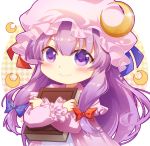  1girl bangs blue_ribbon blush book capelet chibi commentary crescent crescent_hair_ornament dress eyebrows_visible_through_hair hair_between_eyes hair_ornament hat hat_ribbon holding holding_book long_hair long_sleeves looking_at_viewer mob_cap patchouli_knowledge purple_capelet purple_dress purple_eyes purple_hair purple_headwear red_ribbon ribbon shangguan_feiying simple_background smile solo touhou upper_body white_background 