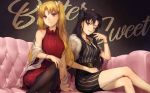  2girls alternate_costume bangs bare_shoulders bitter_sweet_(fate/grand_order) black_bow black_dress black_hair blonde_hair bow breasts casual couch dress ereshkigal_(fate/grand_order) fate/grand_order fate_(series) hair_bow highres ishtar_(fate/grand_order) jewelry kouzuki_kei long_hair long_sleeves looking_at_viewer multiple_girls necklace one_eye_closed pantyhose parted_bangs red_dress red_eyes short_sleeves sitting smile striped striped_dress thighs two_side_up vertical_stripes white_bow 