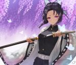  1girl bangs belt black_hair breasts bug butterfly butterfly_hair_ornament commentary_request hair_ornament haori highres holding holding_sword holding_weapon insect japanese_clothes katana kimetsu_no_yaiba kochou_shinobu long_sleeves looking_at_viewer parted_bangs purple_eyes purple_hair short_hair smile smile_(dcvu7884) solo sword uniform weapon white_belt white_butterfly wide_sleeves 