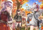  6+girls admiral_graf_spee_(azur_lane) ajax_(azur_lane) ark_royal_(azur_lane) arm_up autumn_leaves azur_lane bag bangs behind_tree black-framed_eyewear black_hair black_legwear blue_sky blunt_bangs braid brown_headwear building camera closed_eyes deutschland_(azur_lane) easel eating glasses hand_up handbag hands_on_hips hat highres kisaragi_(azur_lane) lamppost lavender_hair lens_flare long_hair long_sleeves manjuu_(azur_lane) multicolored_hair multiple_girls mutsuki_(azur_lane) open_mouth outdoors paintbrush painting painting_(object) palette parted_lips pink_hair plaid plaid_skirt pout purple_eyes red_skirt sho_(sumika) short_hair short_shorts shorts silver_hair skirt sky standing streaked_hair sweatdrop sweater swept_bangs tree two-tone_hair two_side_up 