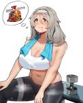  1girl blush breasts brown_eyes chopsticks closed_mouth collarbone drooling dumbbell fang food girls_frontline grey_hair hair_between_eyes hairband k3_(girls_frontline) large_breasts medium_hair navel noodles raban2950 ramen short_eyebrows simple_background sitting smile steam sweat thinking tight white_background 