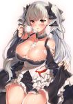  1girl azur_lane bangs bare_shoulders between_breasts black_dress blush breasts cleavage cup dress eyebrows_visible_through_hair formidable_(azur_lane) frilled_dress frills grey_hair hair_ribbon highres holding holding_cup kawai large_breasts long_hair long_sleeves looking_at_viewer red_eyes ribbon simple_background skindentation skirt_hold solo thighs twintails two-tone_dress two-tone_ribbon very_long_hair 