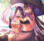  2girls absurdres bangs bare_shoulders beach beads bikini black_bikini_top black_legwear black_skirt blush breasts brown_hair choker cleavage collarbone commentary_request day dolce_(dolsuke) double_bun eyepatch_bikini fan fate/grand_order fate_(series) flower folding_fan frilled_umbrella glasses gloves hair_between_eyes hair_flower hair_ornament highres large_breasts long_hair long_skirt looking_at_viewer low-tied_long_hair minamoto_no_raikou_(fate/grand_order) minamoto_no_raikou_(swimsuit_lancer)_(fate) multiple_girls murasaki_shikibu_(fate) navel open_mouth palm_tree parted_bangs purple_bikini purple_eyes purple_hair revision sash seiza side-tie_bikini single_glove single_thighhigh sitting skirt smile sunlight swimsuit thighhighs tree two_side_up umbrella very_long_hair 