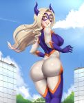  1girl ass bodysuit boku_no_hero_academia city giantess grin highres horns mount_lady platinum_blonde_hair smile thick_thighs thighs twrlare 