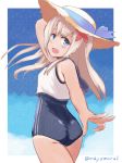  1girl ass bangs blue_eyes blue_ribbon blue_sky brown_headwear commentary cowboy_shot crop_top eyebrows_visible_through_hair flower from_behind hair_flower hair_ornament hand_on_headwear hat hat_ribbon kantai_collection long_hair looking_at_viewer looking_back mayomaru1 one-piece_swimsuit one-piece_tan open_mouth outdoors outside_border ribbon ro-500_(kantai_collection) sailor_collar school_swimsuit school_uniform serafuku sky smile solo standing straw_hat sun_hat swimsuit swimsuit_under_clothes tan tanline twitter_username v 