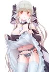  1girl alternate_hair_color alternate_legwear azur_lane bangs between_breasts black_dress blunt_bangs blush breasts cleavage detached_collar dress earrings formidable_(azur_lane) frills garter_belt garter_straps hair_ribbon jewelry large_breasts lifted_by_self lingerie long_hair looking_at_viewer navel panties red_eyes ribbon side-tie_panties simple_background solo stud_earrings twintails underwear very_long_hair white_background white_legwear yamakou_(pixiv16324) 