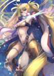  1girl armpits bangs bare_shoulders bikini blonde_hair blue_bikini blue_eyes blush boots bradamante_(fate/grand_order) braid breasts cleavage coat crown_braid elbow_gloves fate/grand_order fate_(series) faulds gloves grin hair_between_eyes halo highres jacket_on_shoulders knee_boots light_particles long_hair looking_at_viewer medium_breasts navel ohako_(ohako1818) open_clothes open_coat revision scepter smile solo swimsuit thigh_strap thighs twintails two-tone_bikini very_long_hair white_bikini white_coat 