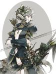  1girl arrow au_ra bard_(final_fantasy) belt bike_shorts bow_(weapon) breasts breasts_apart butterfly_hair_ornament center_opening closed_mouth cowboy_shot dragon_horns dragon_tail drawing_bow facing_viewer final_fantasy final_fantasy_xiv green_eyes grey_hair hair_ornament highres holding holding_bow_(weapon) holding_weapon horns hug_ff14 looking_to_the_side medium_breasts navel pale_skin scales short_hair shoulder_armor simple_background solo tail two-tone_background weapon 