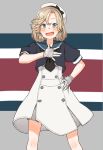 1girl absurdres bangs black_neckwear black_shirt blonde_hair blue_eyes blue_sailor_collar dress feet_out_of_frame gloves hand_on_hip hand_on_own_chest hat highres janus_(kantai_collection) kantai_collection looking_at_viewer multicolored multicolored_background open_mouth parted_bangs sailor_collar sailor_dress sailor_hat shirt short_hair short_sleeves solo tamaki. white_dress white_gloves white_headwear 