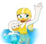  age_difference anatid anseriform anthro avian bird breasts clothing d-rock disney duck ducktales ducktales_(2017) female glittering_goldie green_eyes hair louie_duck male mature_female oblivious older_female one-piece_swimsuit ponytail swimming swimwear young 
