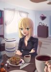  1girl ahoge artoria_pendragon_(all) black_shirt blonde_hair boa_(brianoa) bowl breasts carton cup fate/stay_night fate_(series) food fork green_eyes hair_down highres holding holding_cup indoors knife long_sleeves looking_at_viewer medium_hair milk_carton pancake pepper_shaker plate pov saber salt_shaker shirt small_breasts solo_focus table 