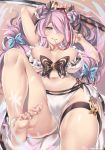  1girl ankle_ribbon artist_name ass bare_shoulders barefoot bikini blue_eyes blush bow breasts breasts_apart butterfly_hair_ornament cleavage collarbone commentary double_bun draph feet granblue_fantasy grin hair_ornament hair_over_one_eye heart heart-shaped_pupils highres horns kanachirou katana large_breasts lavender_hair leg_up long_hair looking_at_viewer lying mouth_hold narmaya_(granblue_fantasy) navel on_back pointy_ears red_ribbon revision ribbon sarong sidelocks smile solo spread_legs swimsuit sword symbol-shaped_pupils thigh_strap thighs toes very_long_hair weapon white_bikini 
