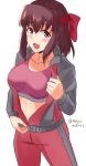  1girl :d bangs brown_eyes brown_hair commentary cowboy_shot eyebrows_visible_through_hair girls_und_panzer jacket kondou_taeko looking_at_viewer mayomaru1 medium_hair open_mouth pants partially_unzipped red_jacket red_pants red_sports_bra simple_background single_vertical_stripe smile solo sweat track_jacket track_pants twitter_username unzipping white_background 