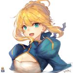  1girl ahoge artist_name artoria_pendragon_(all) bangs bird blonde_hair blue_dress blue_eyes braid breasts cleavage commentary_request crown dress face fate/grand_order fate/stay_night fate_(series) hair_between_eyes jazztaki looking_at_viewer medium_breasts penguin puffy_sleeves ribbon saber smile solo 