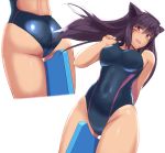  1girl adjusting_clothes adjusting_swimsuit animal_ears arm_behind_back ass ass_visible_through_thighs bangs between_legs black_swimsuit breasts brown_hair competition_swimsuit covered_navel cropped_legs crotch_seam dutch_angle eyebrows_visible_through_hair facial_mark highres kickboard long_hair looking_at_viewer mayomaru1 medium_breasts multiple_views one-piece_swimsuit open_mouth original red_eyes simple_background smile standing swimsuit thighs white_background wind 