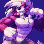  1:1 2019 abs anthro anthrofied biceps black_nose bottomwear canid canine claws clothed clothing digital_drawing_(artwork) digital_media_(artwork) flammars fur glowing glowing_eyes hair half-closed_eyes hi_res long_hair lycanroc male mammal midnight_lycanroc multicolored_body multicolored_fur muscular muscular_arms muscular_male nintendo nipples pants pink_eyes pok&eacute;mon pok&eacute;mon_(species) purple_background red_body red_fur sharp_teeth showing_teeth signature simple_background smile solo teeth tongue tongue_out topless two_tone_body two_tone_fur video_games white_body white_fur white_hair yongdasom 