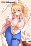  1girl animal_ears artoria_pendragon_(all) artoria_pendragon_(swimsuit_ruler)_(fate) blonde_hair blue_legwear blue_neckwear blush braid breasts bunny_ears bunnysuit cleavage closed_mouth commentary_request detached_collar eyebrows_visible_through_hair fate/grand_order fate_(series) feather_boa fishnet_pantyhose fishnets french_braid green_eyes hair_between_eyes hand_on_hip highres large_breasts leaning_forward leotard long_hair looking_at_viewer navel navel_cutout necktie pantyhose ponytail revision sidelocks solo standing tiara very_long_hair waero wrist_cuffs 