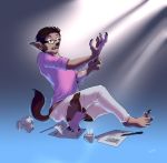  2018 animal_humanoid barefoot beverage brown_hair canid canid_humanoid canine canine_humanoid clothing coffee cup eyewear glasses hair humanoid male mammal mammal_humanoid nolhyaa paper pen pink_clothing pink_shirt pink_topwear shirt simple_background solo surprise topwear torn_clothing transformation wolf_humanoid 