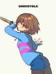  1girl androgynous breasts brown_hair chara_(undertale) commentary_request cosplay frisk_(undertale) jewelry knife looking_at_viewer looking_back necklace oshiruko_(tsume) pantyhose red_eyes shirt short_hair shorts simple_background small_breasts solo striped striped_shirt striped_sweater sweater undertale white_background 