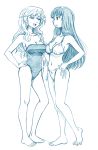 2girls bangs barefoot bbb_(friskuser) bikini blue_theme blunt_bangs breasts cleavage commentary eyebrows_visible_through_hair full_body girls_und_panzer half-closed_eyes hand_on_hip heel_up highres long_hair looking_at_another medium_breasts monochrome multiple_girls navel nishizumi_shiho one-piece_swimsuit open_mouth parted_lips shimada_chiyo side-tie_bikini smile standing straight_hair strapless strapless_swimsuit string_bikini swimsuit 
