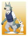  anthro barefoot beastars bottomwear canid canine canis cheek_tuft claws clothed clothing disney dress duo face_tuft female fluffy fluffy_tail fully_clothed fur gradient_background grey_body grey_fur haru_(beastars) lagomorph larger_male legosi_(beastars) leporid male mammal neck_tuft pants pawpads pokelai rabbit shirt simple_background size_difference smaller_female standing toe_claws topwear tuft white_body white_fur wolf yellow_background zootopia 