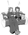  2girls ashtray can cigarette collared_shirt commentary_request couch greyscale hakama_pants highres japanese_clothes jun&#039;you_(kantai_collection) kantai_collection kariginu kneehighs long_hair long_sleeves magatama monochrome multiple_girls pillow platform_footwear ryuujou_(kantai_collection) shirt shishanmo sitting sleeves_past_elbows spiked_hair translation_request twintails wide_sleeves 