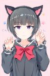  1girl animal_ears bangs black_dress black_hair black_hairband bow cat_ears claw_pose closed_mouth collarbone commentary_request dress eyebrows_visible_through_hair fake_animal_ears fingernails gomennasai hairband hands_up idolmaster idolmaster_cinderella_girls light_frown long_sleeves looking_at_viewer partial_commentary paw_background pink_background puffy_long_sleeves puffy_sleeves purple_eyes red_bow shirayuki_chiyo short_hair sidelocks simple_background solo translated upper_body 