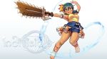  +_+ 1girl armlet armpits barefoot blue_eyes blue_hair blue_sky breasts chainsword commentary copyright_name dark_skin element_bending english_commentary flower full_body hair_flower hair_ornament highres holding holding_sword holding_weapon indivisible junkpuyo leilani_(indivisible) medium_breasts open_mouth promotional_art short_twintails sky smile solo sword toes twintails water weapon 